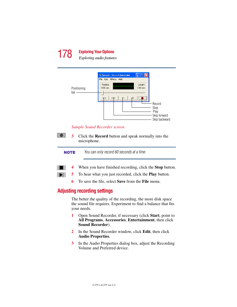 Adjusting recording settings | Toshiba SATELLITE A10 User Manual | Page 178 / 262