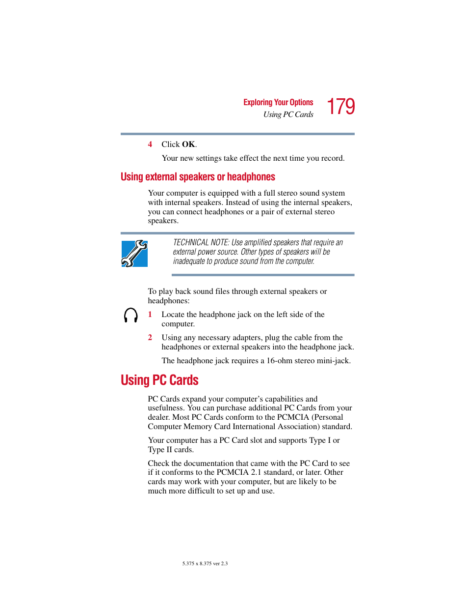 Using external speakers or headphones, Using pc cards | Toshiba SATELLITE A10 User Manual | Page 179 / 262