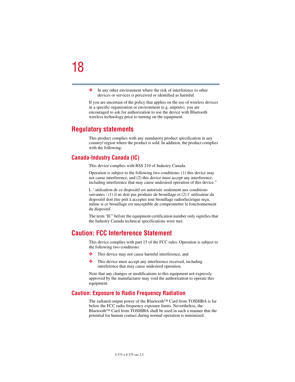 Regulatory statements, Caution: fcc interference statement | Toshiba SATELLITE A10 User Manual | Page 18 / 262