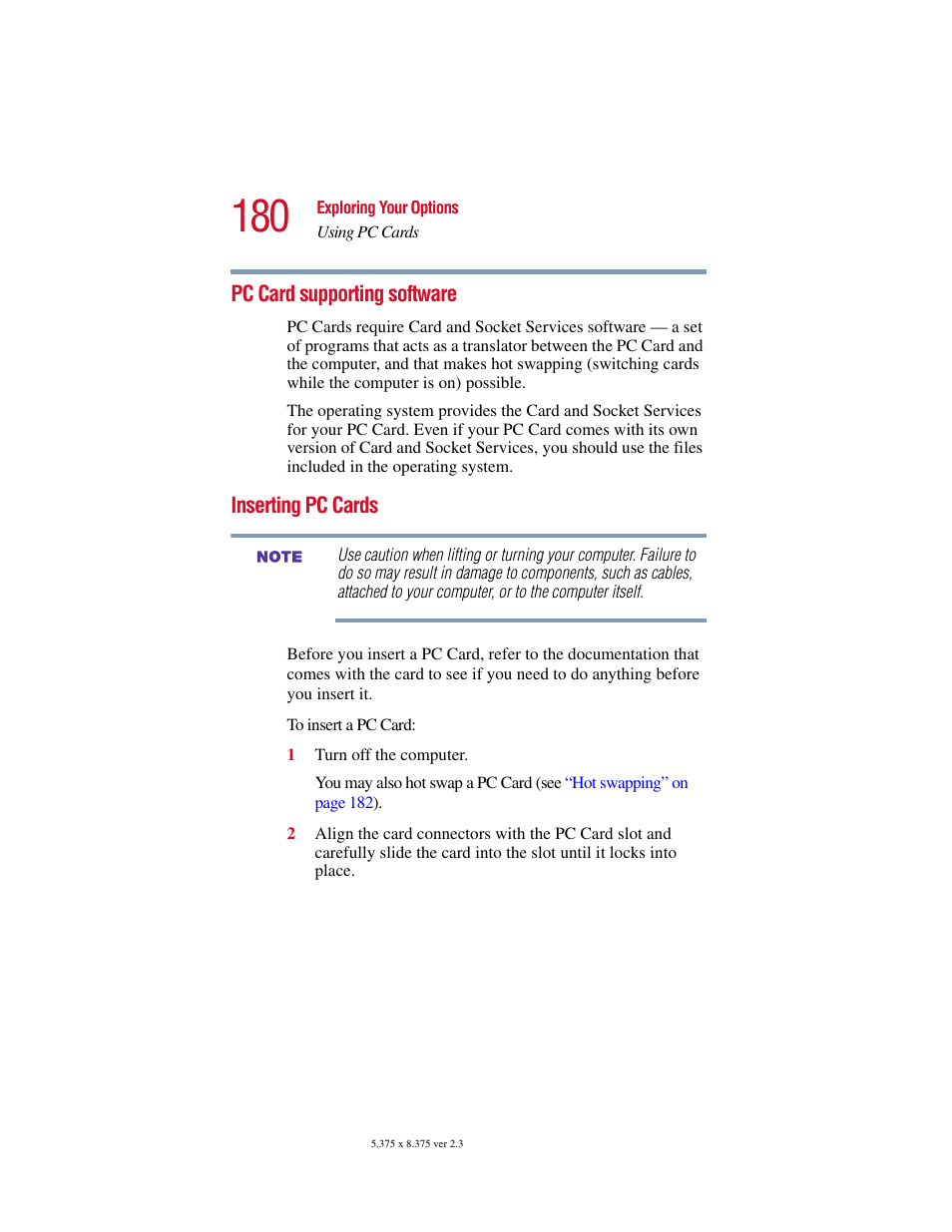 Pc card supporting software, Inserting pc cards, Pc card supporting software inserting pc cards | Toshiba SATELLITE A10 User Manual | Page 180 / 262