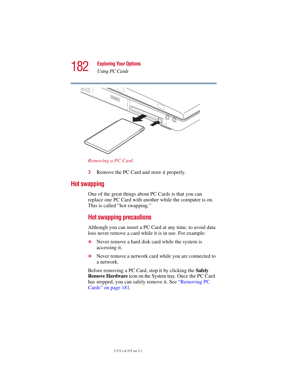 Hot swapping, Pc card (see, Hot swapping” on | Toshiba SATELLITE A10 User Manual | Page 182 / 262