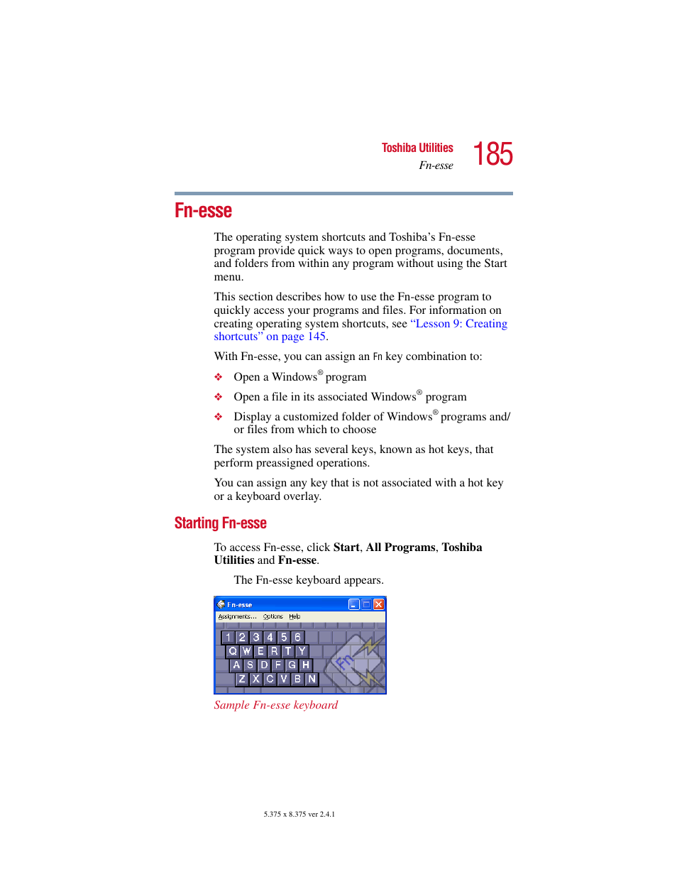 Fnesse, Starting fnesse, Fn-esse | Starting fn-esse | Toshiba SATELLITE A10 User Manual | Page 185 / 262