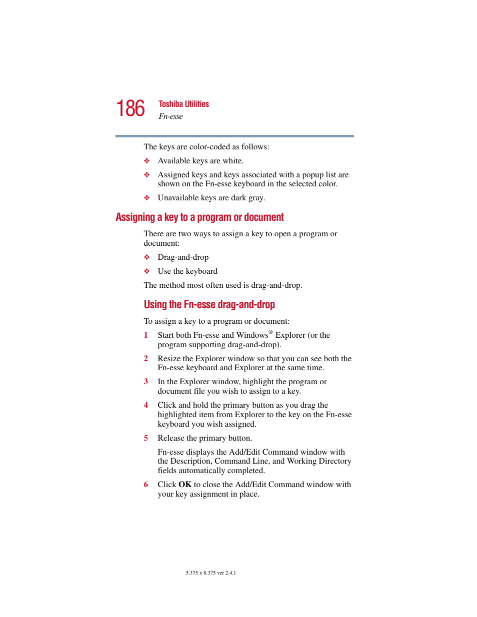 Assigning a key to a program or document, Using the fn-esse drag-and-drop | Toshiba SATELLITE A10 User Manual | Page 186 / 262