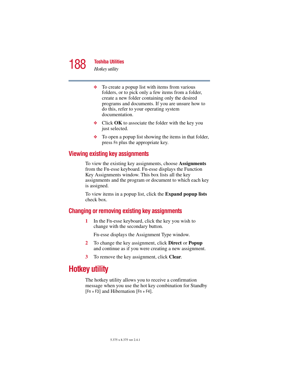 Viewing existing key assignments, Changing or removing existing key assignments, Hotkey utility | Assignments | Toshiba SATELLITE A10 User Manual | Page 188 / 262