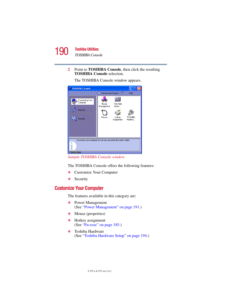 Customize your computer | Toshiba SATELLITE A10 User Manual | Page 190 / 262