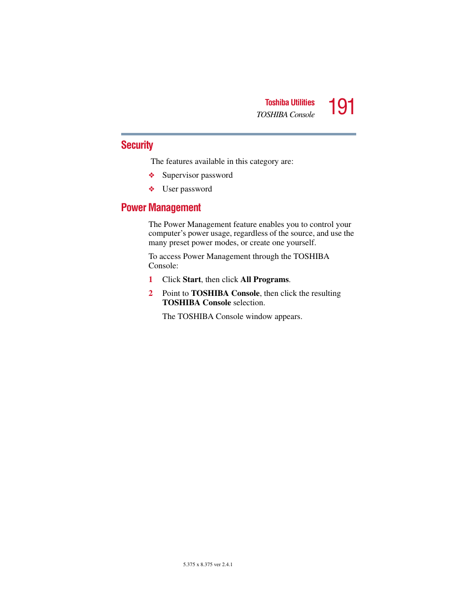 Security, Power management, Security power management | Toshiba SATELLITE A10 User Manual | Page 191 / 262