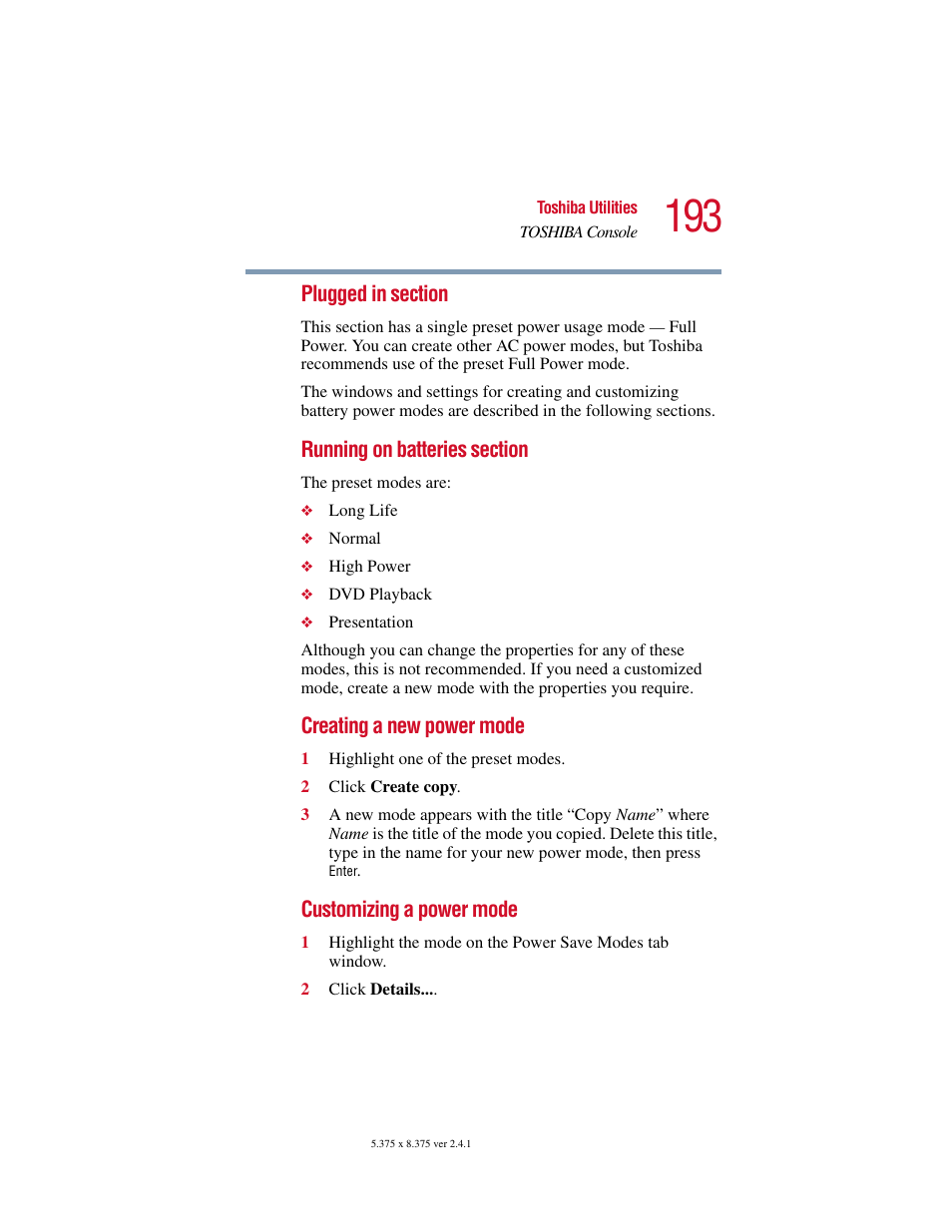 Creating a new power mode, Customizing a power mode | Toshiba SATELLITE A10 User Manual | Page 193 / 262