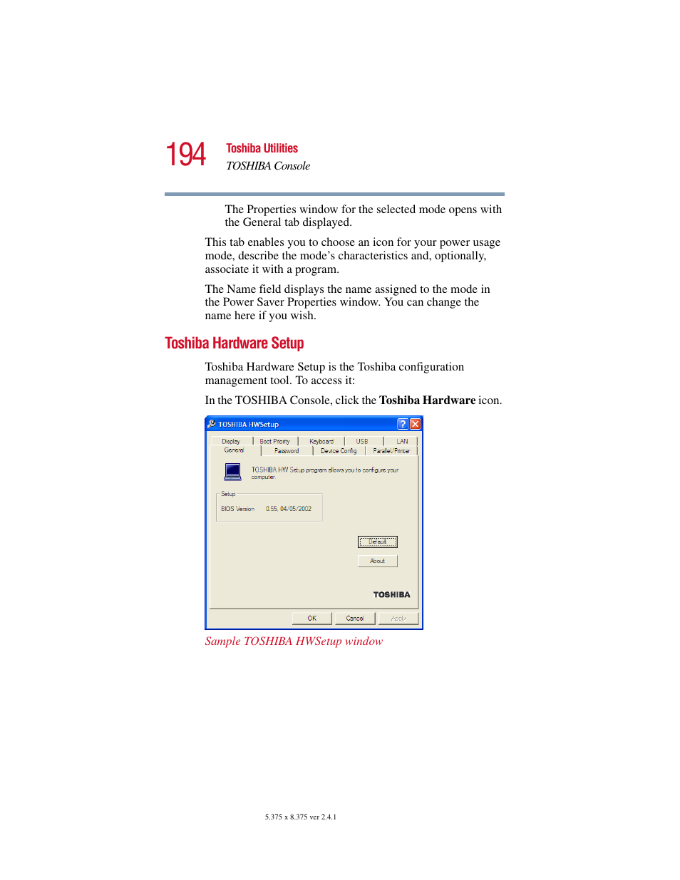 Toshiba hardware setup | Toshiba SATELLITE A10 User Manual | Page 194 / 262