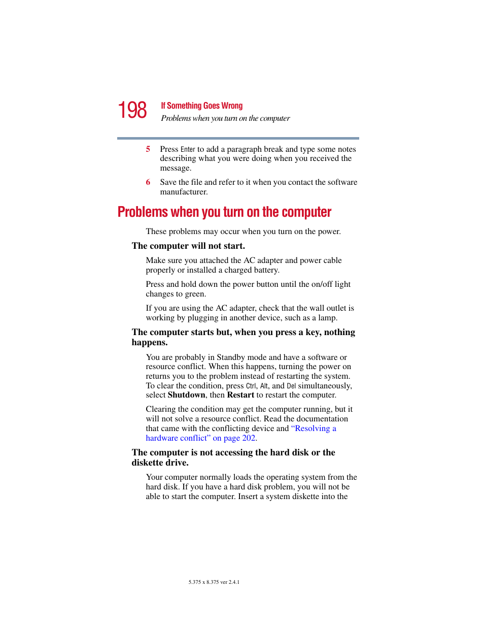 Problems when you turn on the computer | Toshiba SATELLITE A10 User Manual | Page 198 / 262