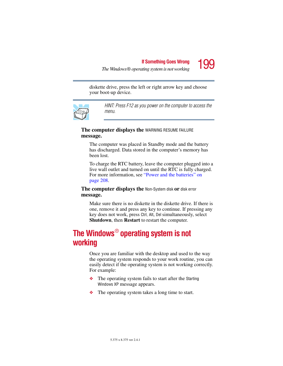 The windows® operating system is not working, The windows, Operating system is not working | Toshiba SATELLITE A10 User Manual | Page 199 / 262