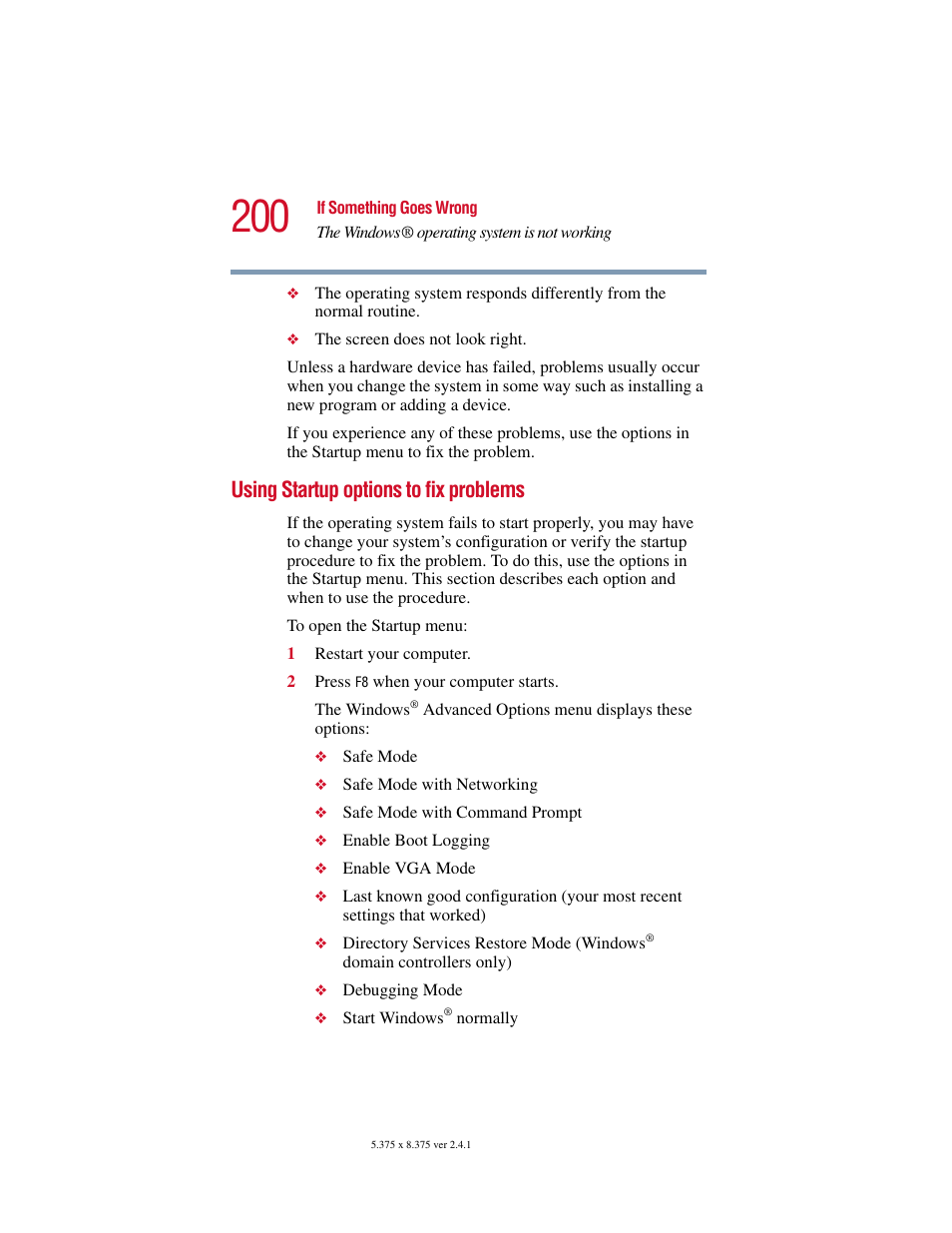 Using startup options to fix problems | Toshiba SATELLITE A10 User Manual | Page 200 / 262