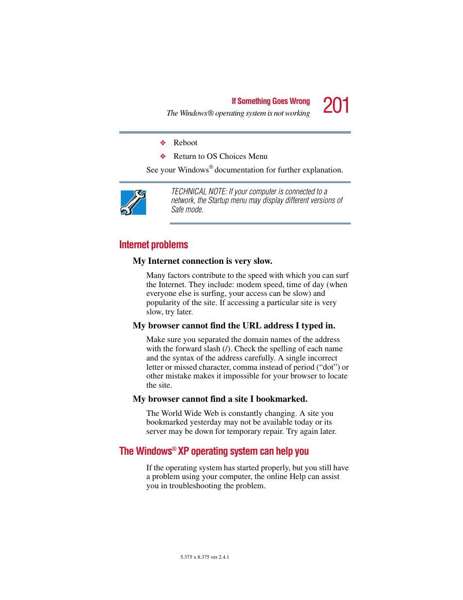 Internet problems, The windows® xp operating system can help you, Internet problems the windows | Toshiba SATELLITE A10 User Manual | Page 201 / 262