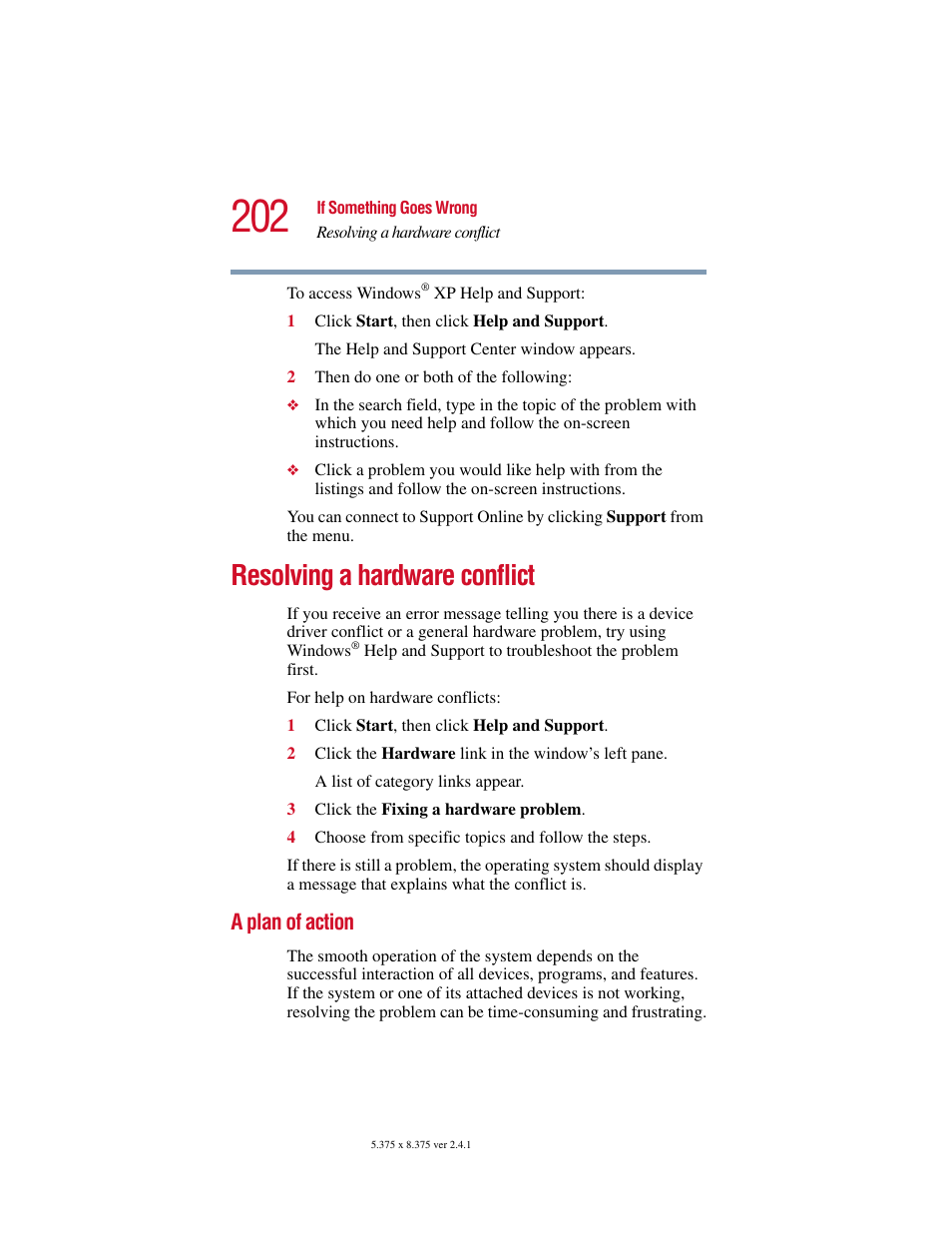 Resolving a hardware conflict, A plan of action | Toshiba SATELLITE A10 User Manual | Page 202 / 262