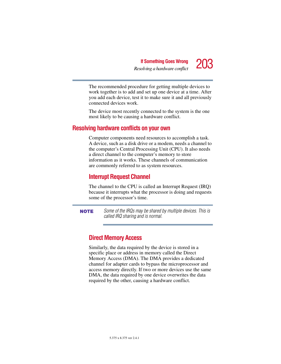 Resolving hardware conflicts on your own | Toshiba SATELLITE A10 User Manual | Page 203 / 262