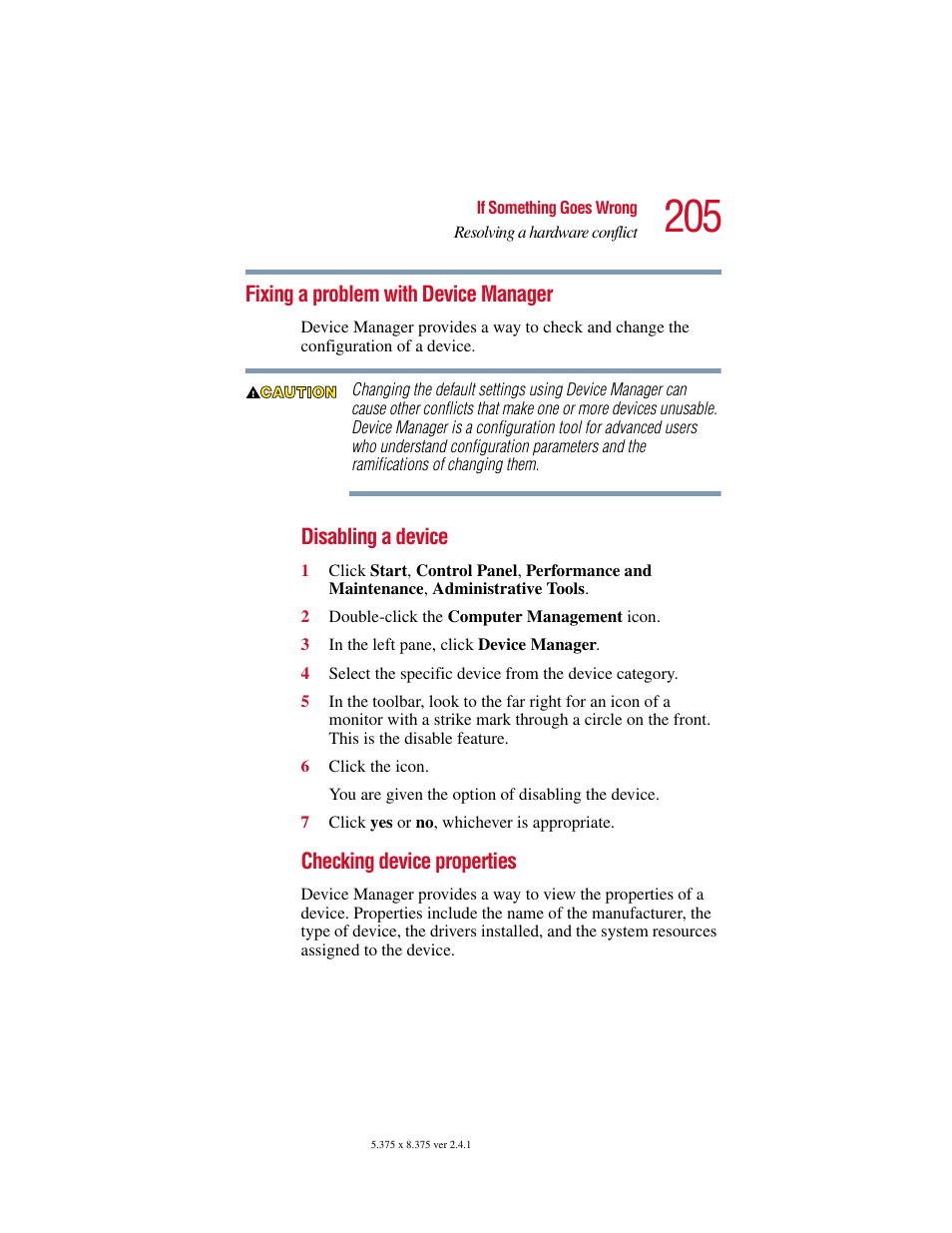 Fixing a problem with device manager, Checking device, Fixing a problem with device | Toshiba SATELLITE A10 User Manual | Page 205 / 262