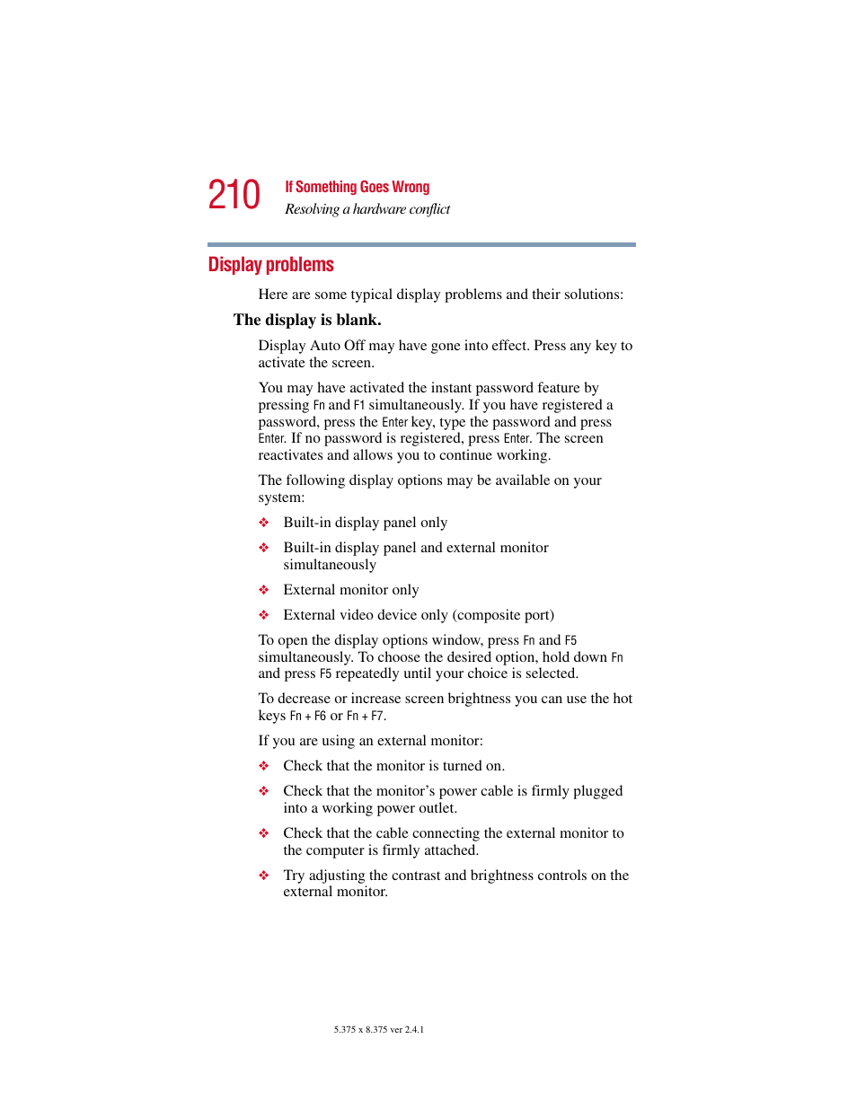 Display problems | Toshiba SATELLITE A10 User Manual | Page 210 / 262