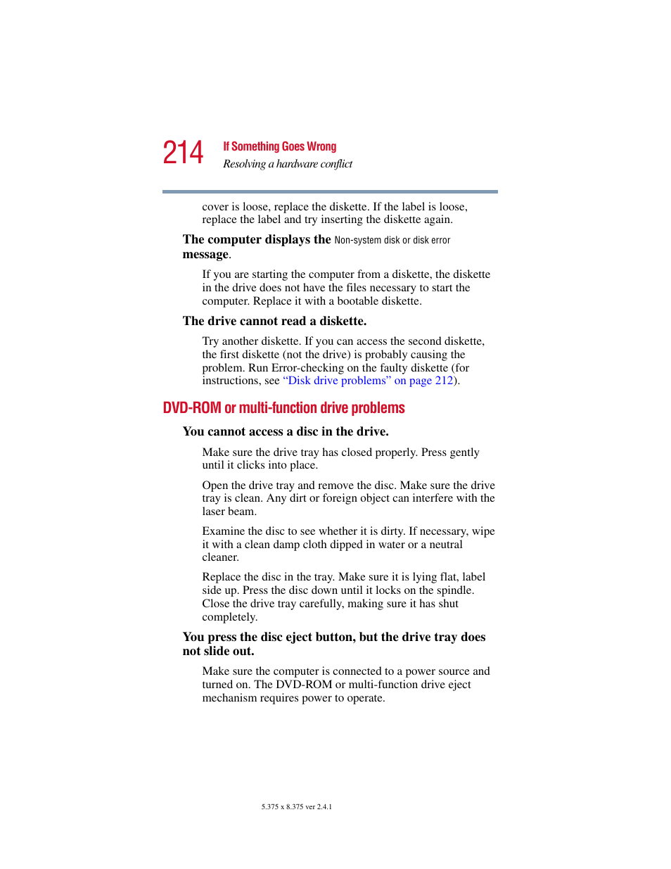 Dvd-rom or multi-function drive problems | Toshiba SATELLITE A10 User Manual | Page 214 / 262