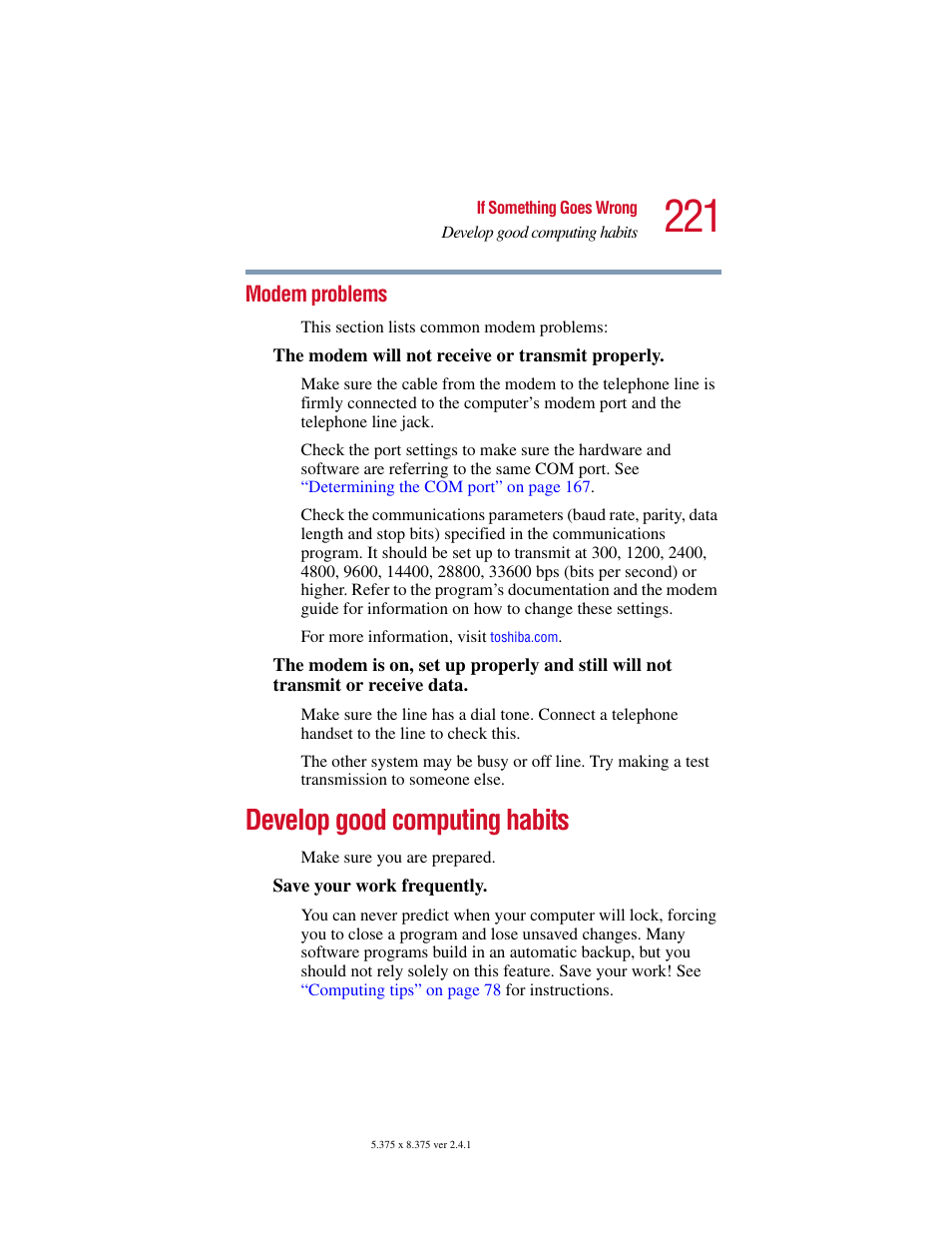 Modem problems, Develop good computing habits | Toshiba SATELLITE A10 User Manual | Page 221 / 262