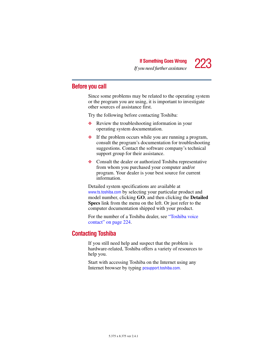 Before you call, Contacting toshiba, Before you call contacting toshiba | Toshiba SATELLITE A10 User Manual | Page 223 / 262