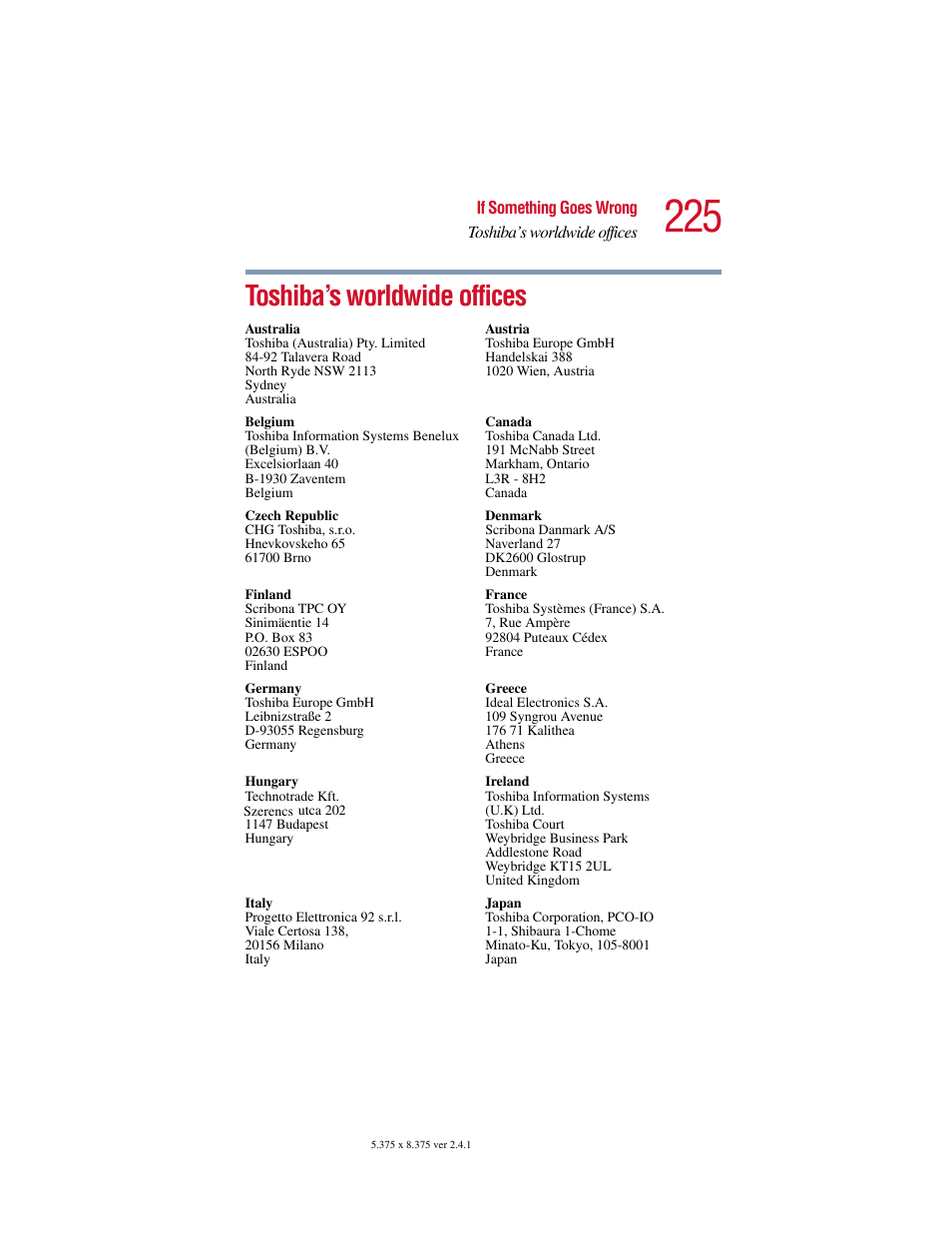 Toshiba’s worldwide offices | Toshiba SATELLITE A10 User Manual | Page 225 / 262