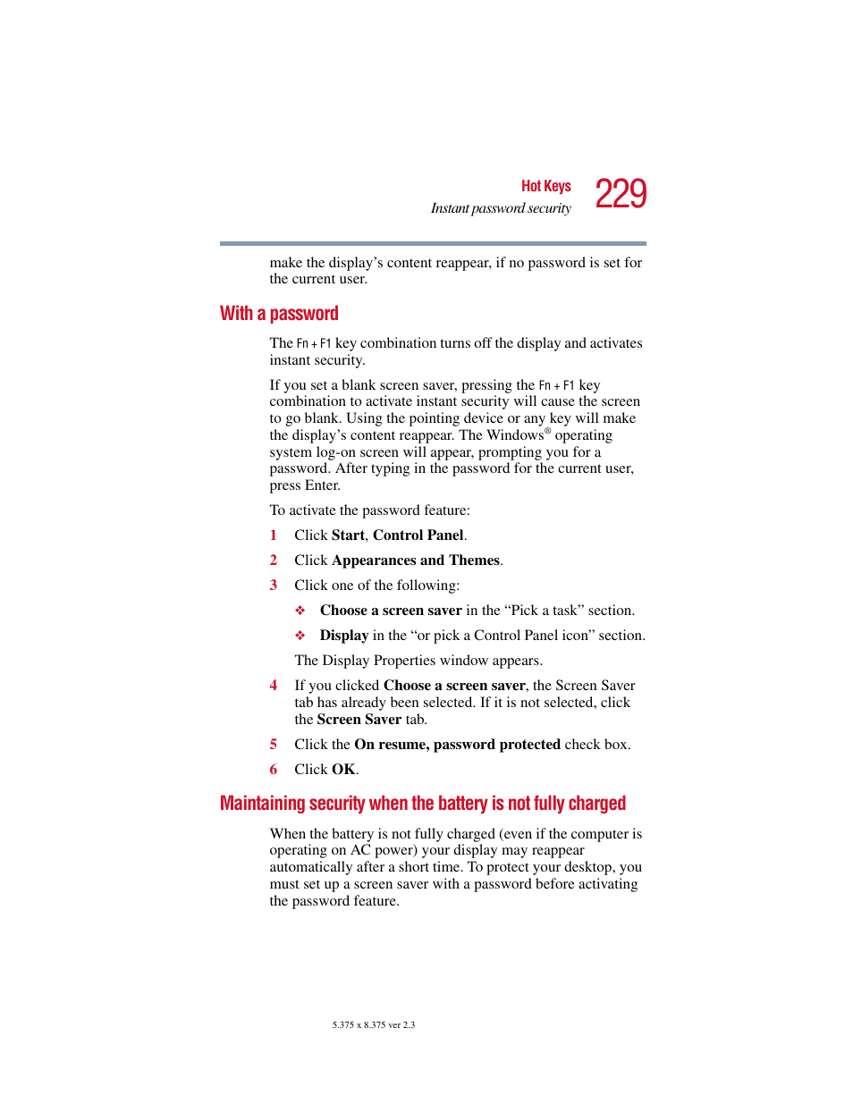 With a password, Not fully charged | Toshiba SATELLITE A10 User Manual | Page 229 / 262