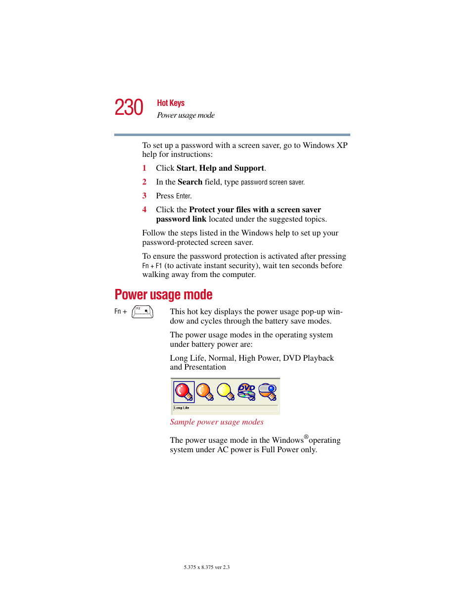 Power usage mode | Toshiba SATELLITE A10 User Manual | Page 230 / 262