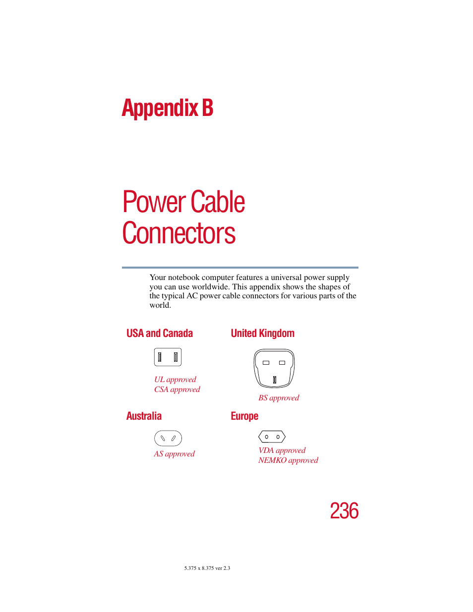 Appendix b: power cable connectors, Power cable connectors, Appendix b | Toshiba SATELLITE A10 User Manual | Page 236 / 262