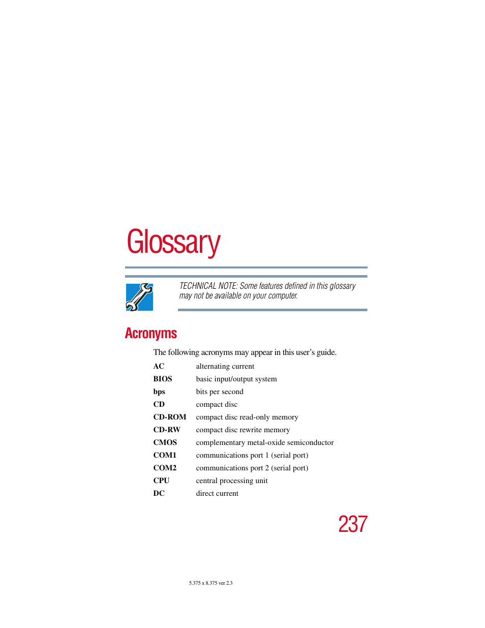 Glossary, Acronyms | Toshiba SATELLITE A10 User Manual | Page 237 / 262