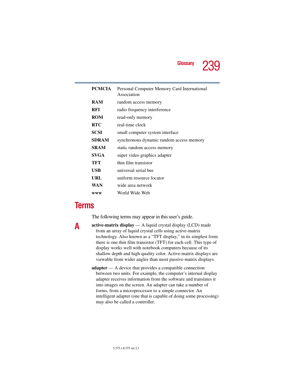 Terms | Toshiba SATELLITE A10 User Manual | Page 239 / 262