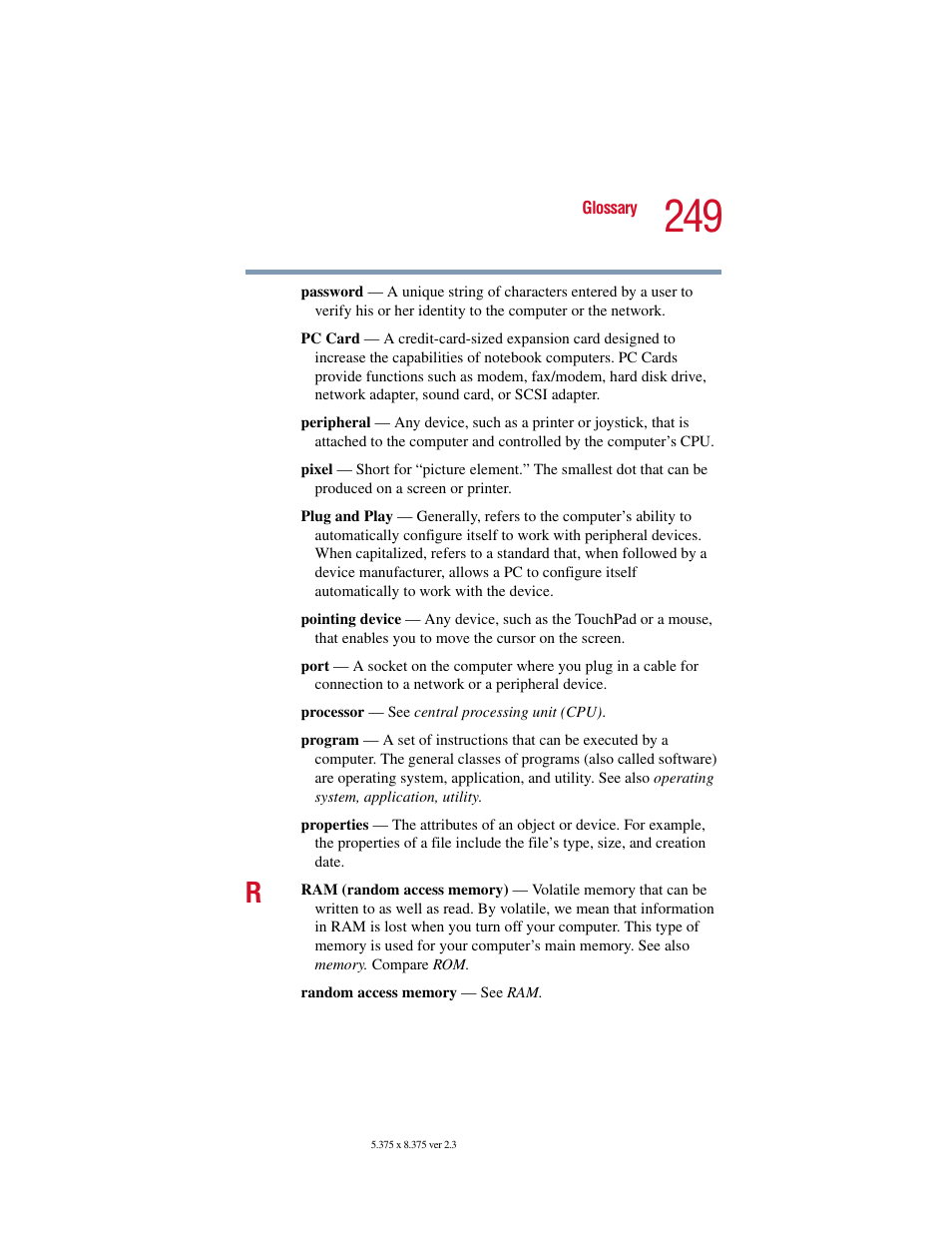 Toshiba SATELLITE A10 User Manual | Page 249 / 262
