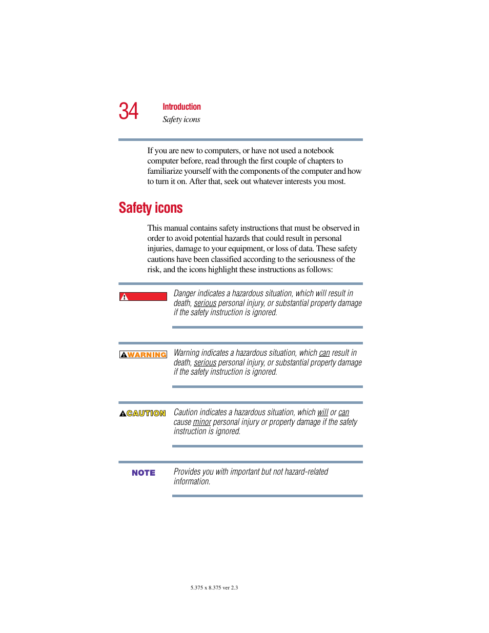 Safety icons | Toshiba SATELLITE A10 User Manual | Page 34 / 262
