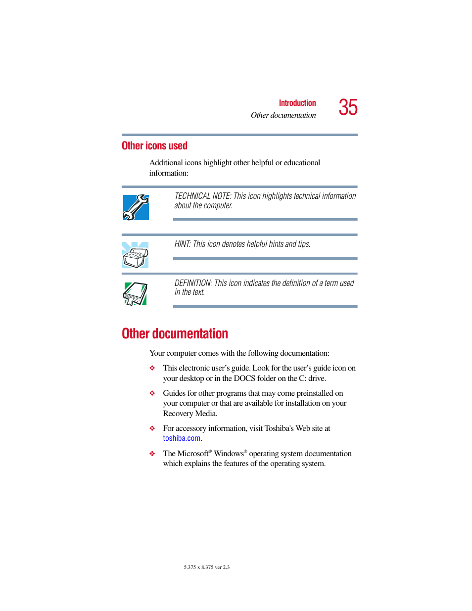 Other icons used, Other documentation | Toshiba SATELLITE A10 User Manual | Page 35 / 262