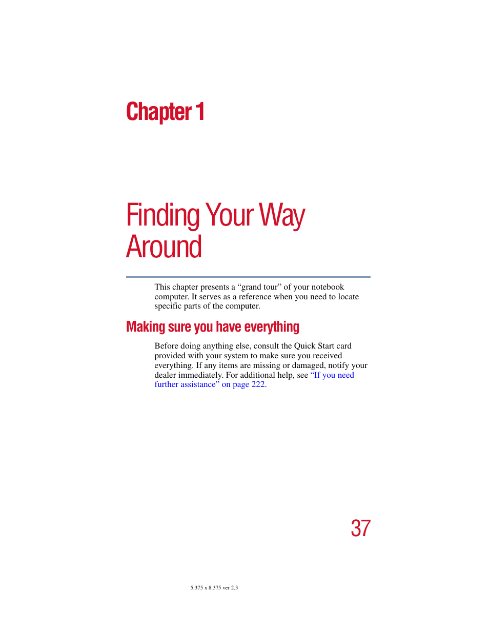 Chapter 1: finding your way around, Making sure you have everything, Finding your way around | Chapter 1 | Toshiba SATELLITE A10 User Manual | Page 37 / 262