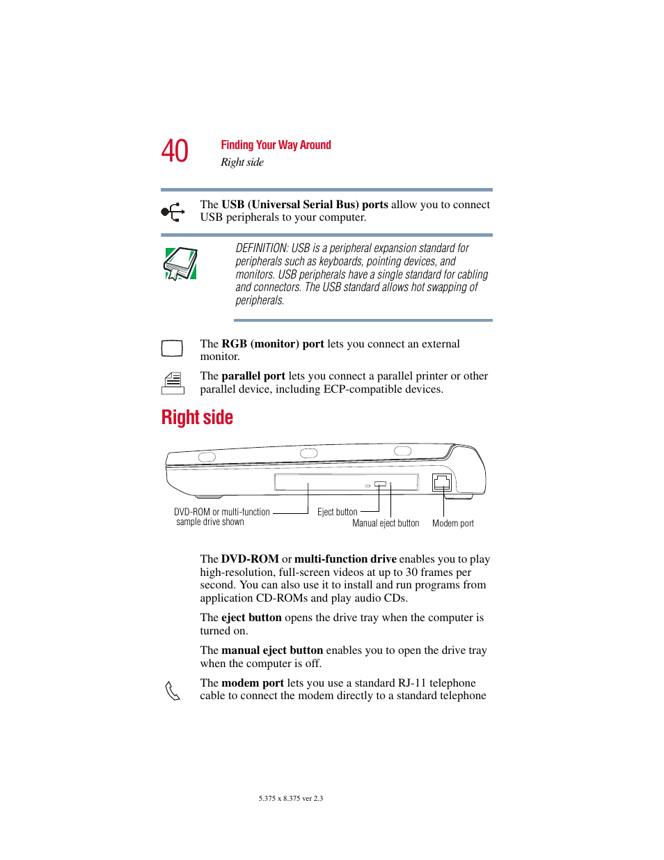 Right side | Toshiba SATELLITE A10 User Manual | Page 40 / 262