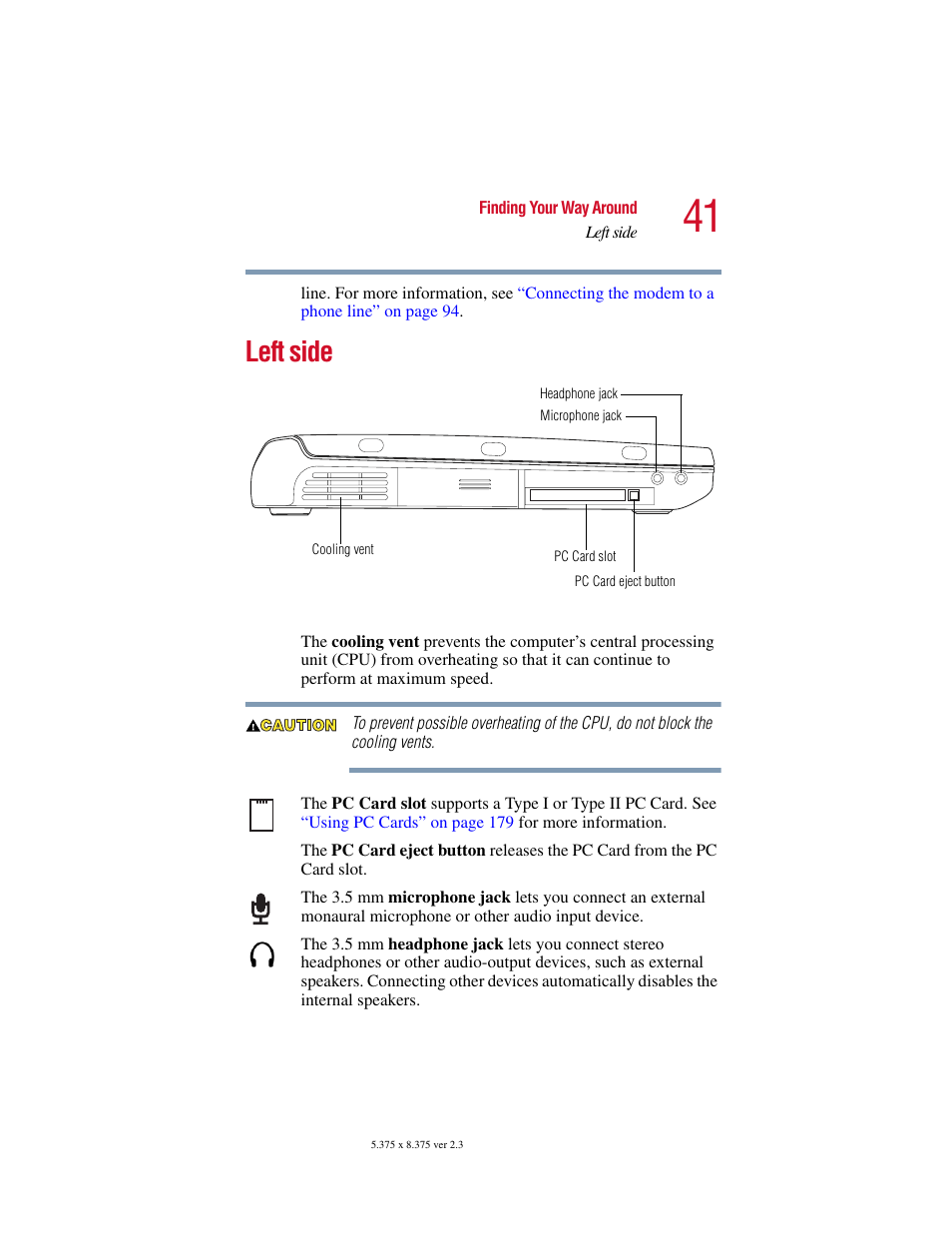 Left side | Toshiba SATELLITE A10 User Manual | Page 41 / 262