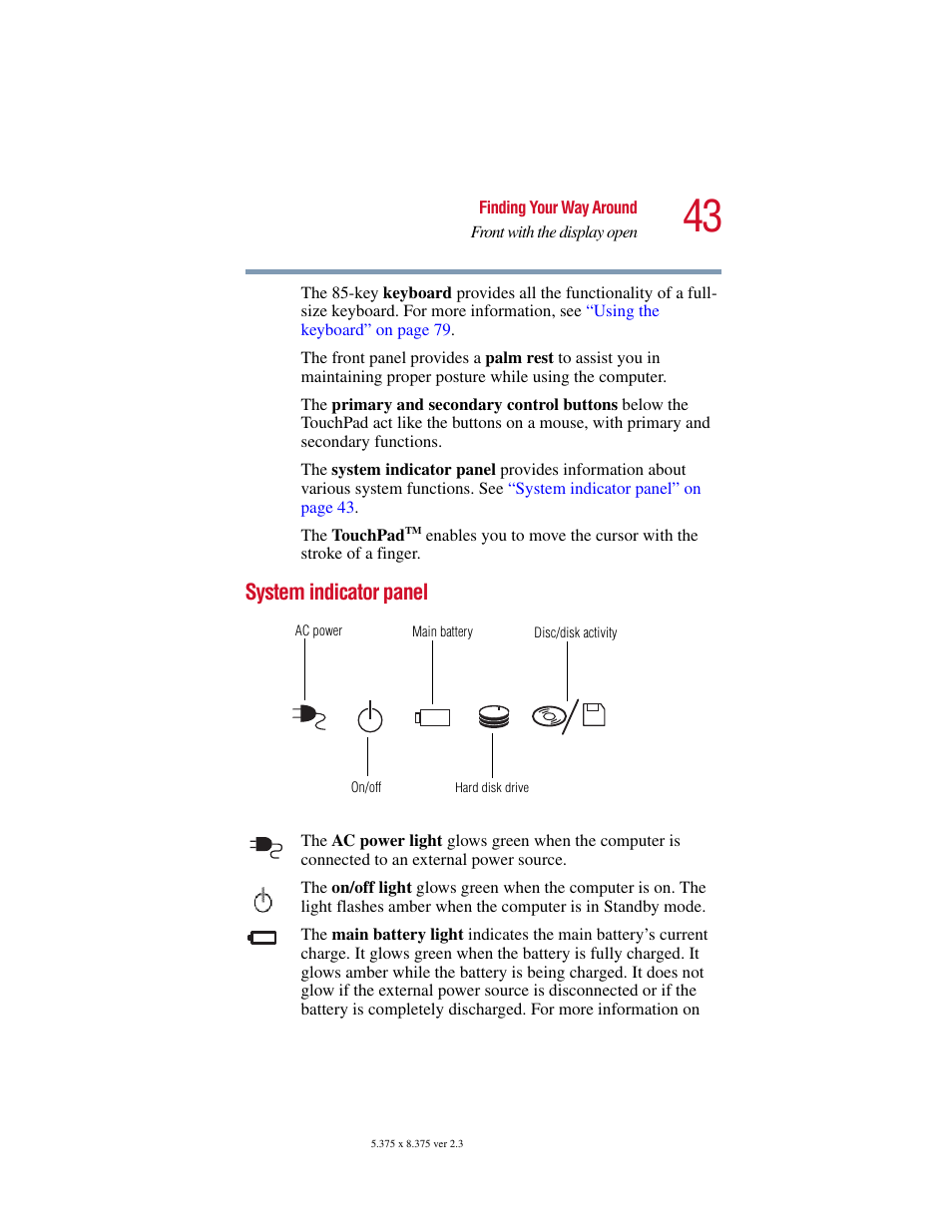 System indicator panel | Toshiba SATELLITE A10 User Manual | Page 43 / 262