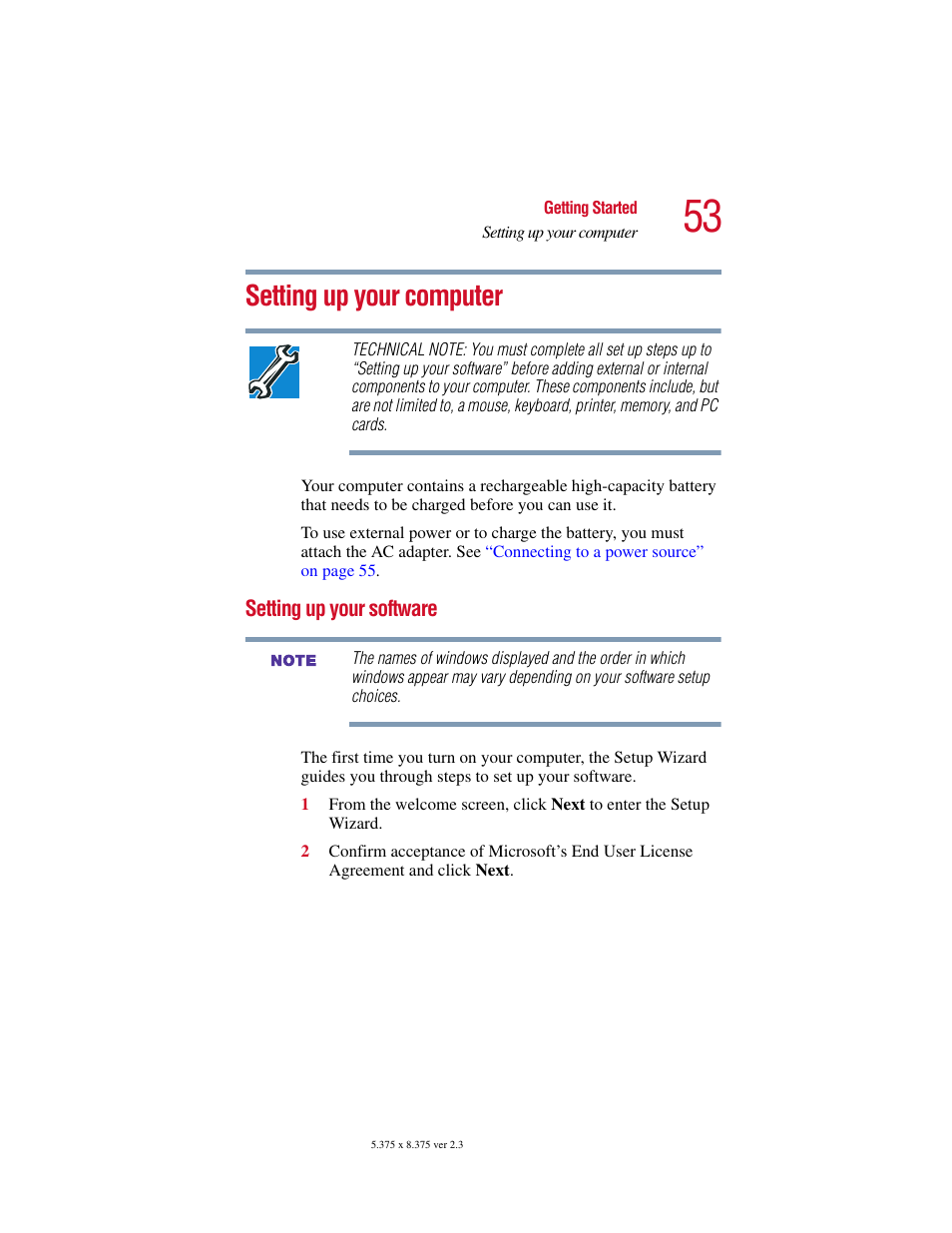 Setting up your computer, Setting up your software | Toshiba SATELLITE A10 User Manual | Page 53 / 262