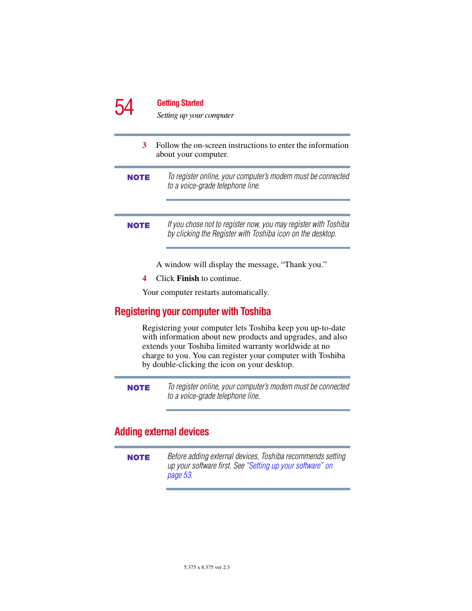 Registering your computer with toshiba, Adding external devices | Toshiba SATELLITE A10 User Manual | Page 54 / 262