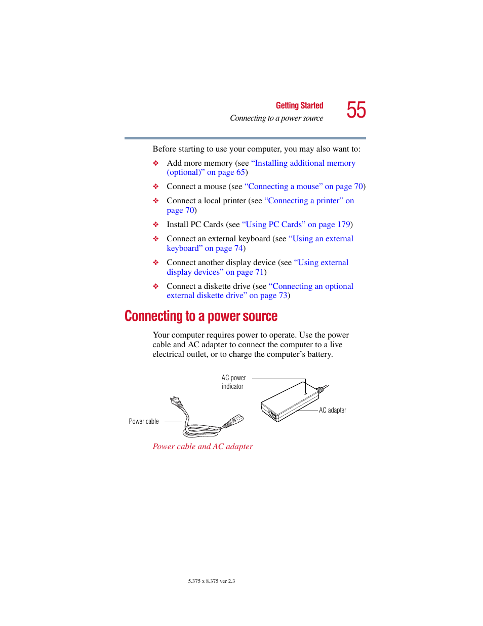 Connecting to a power source | Toshiba SATELLITE A10 User Manual | Page 55 / 262