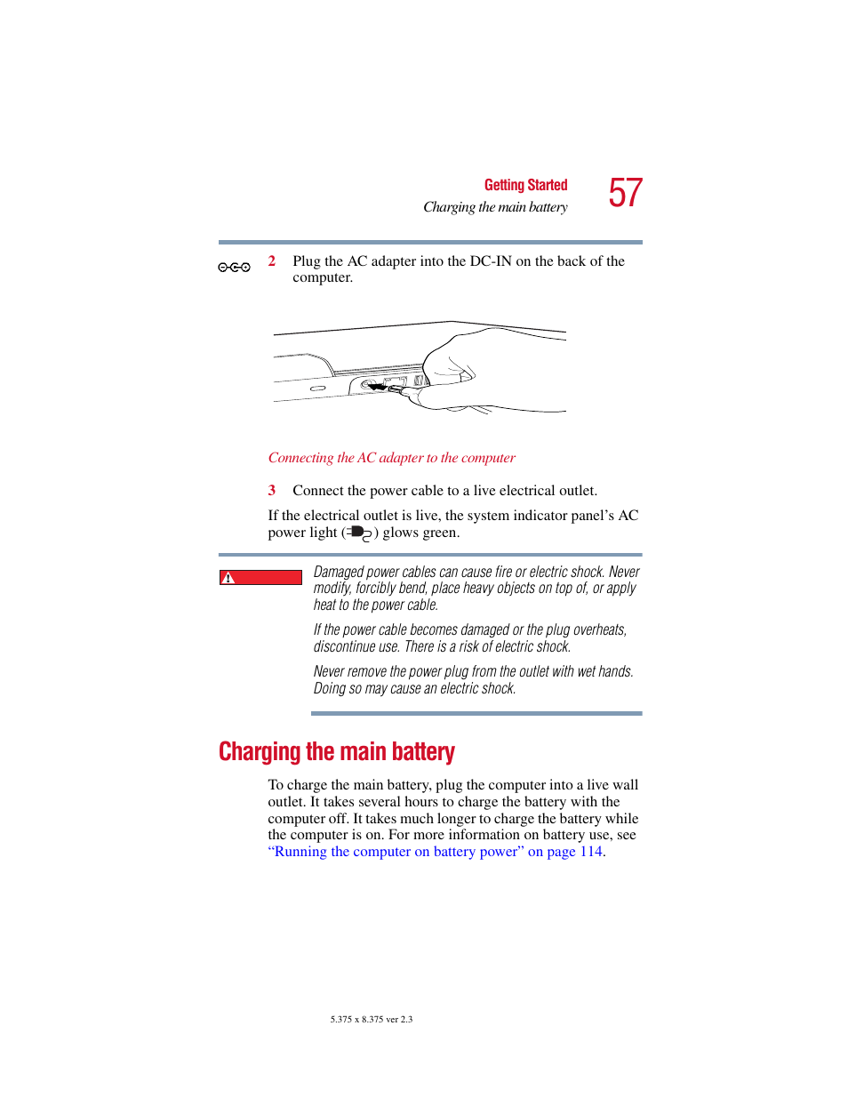 Charging the main battery | Toshiba SATELLITE A10 User Manual | Page 57 / 262