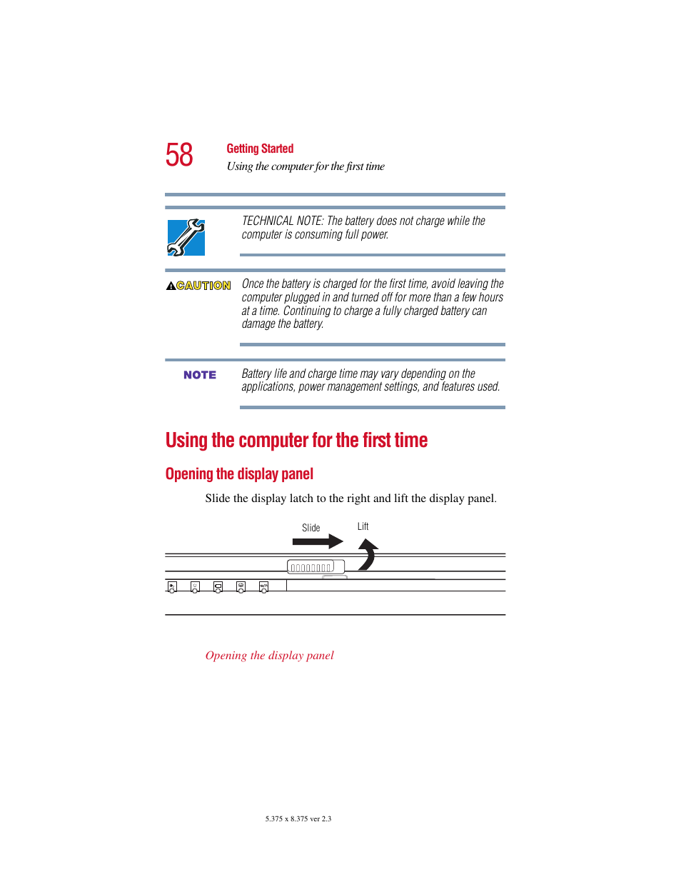 Using the computer for the first time, Opening the display panel | Toshiba SATELLITE A10 User Manual | Page 58 / 262