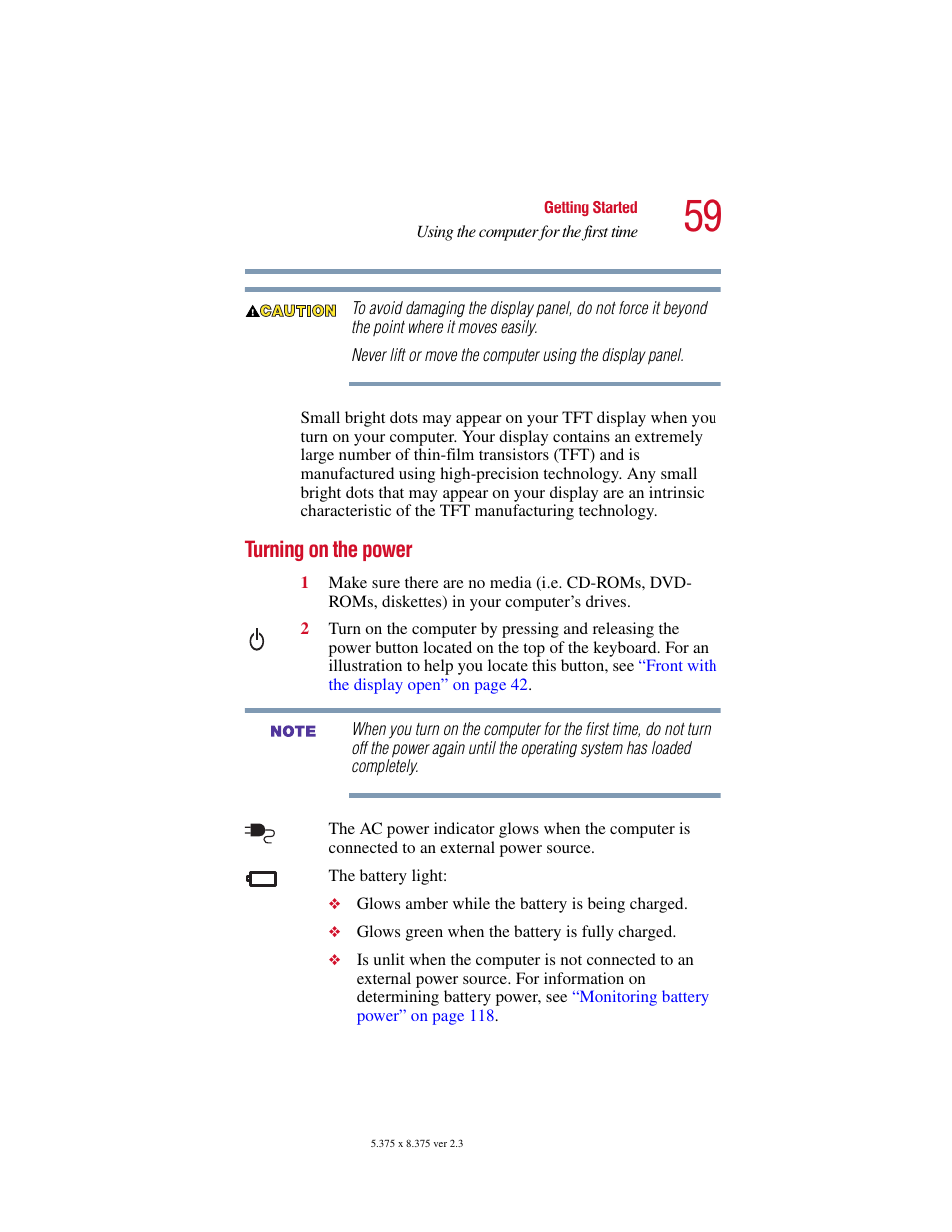 Turning on the power | Toshiba SATELLITE A10 User Manual | Page 59 / 262