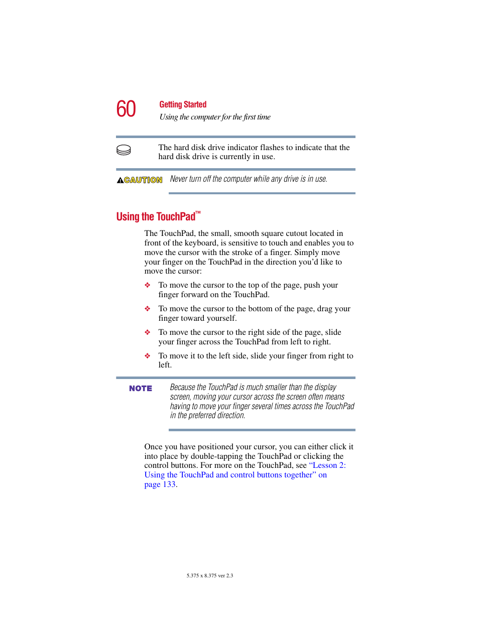 Using the touchpad | Toshiba SATELLITE A10 User Manual | Page 60 / 262