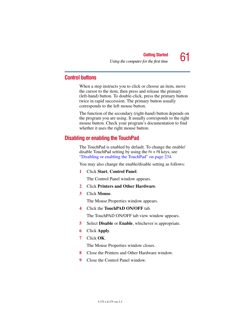 Control buttons, Disabling or enabling the touchpad, Control buttons disabling or enabling the touchpad | Toshiba SATELLITE A10 User Manual | Page 61 / 262