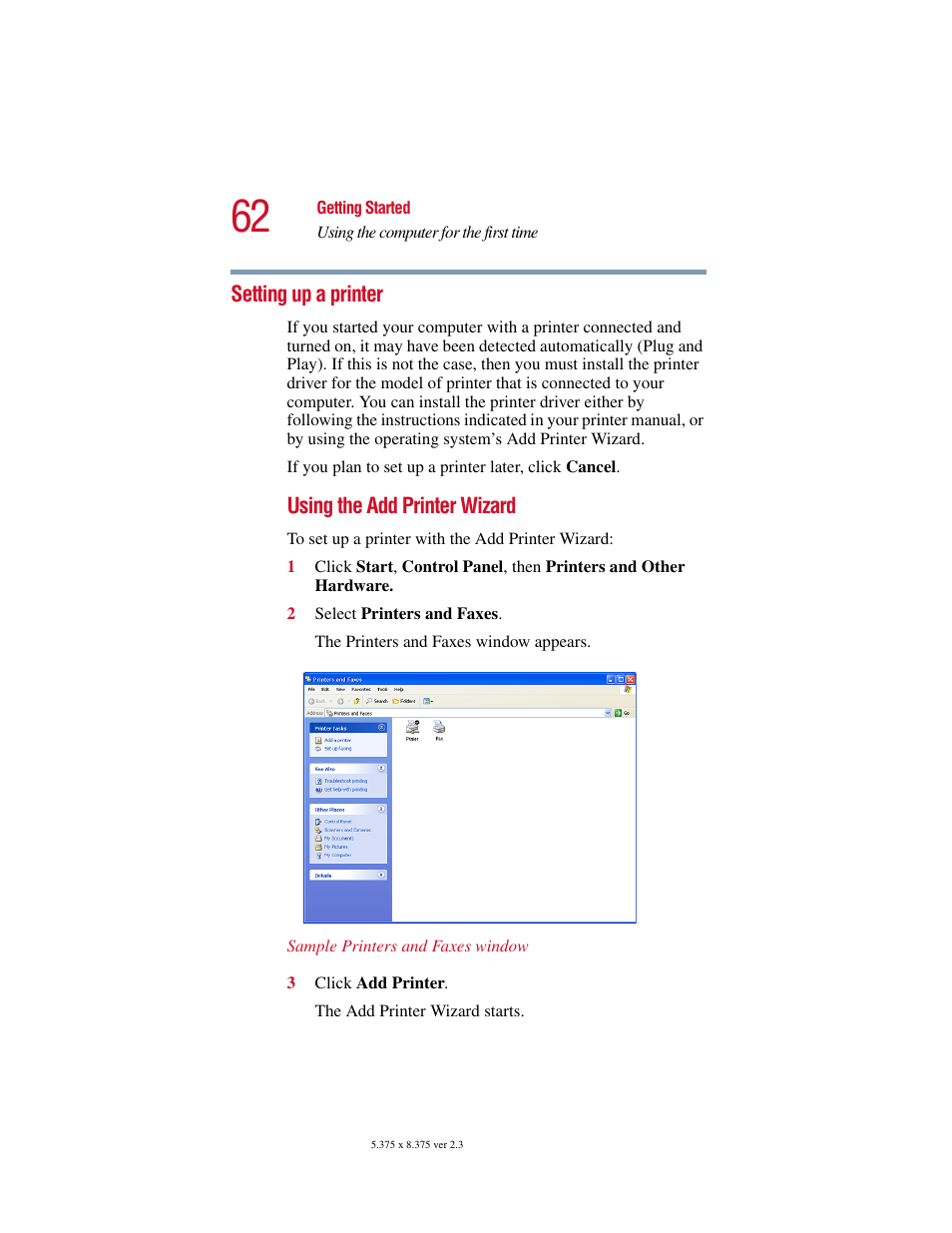 Setting up a printer | Toshiba SATELLITE A10 User Manual | Page 62 / 262