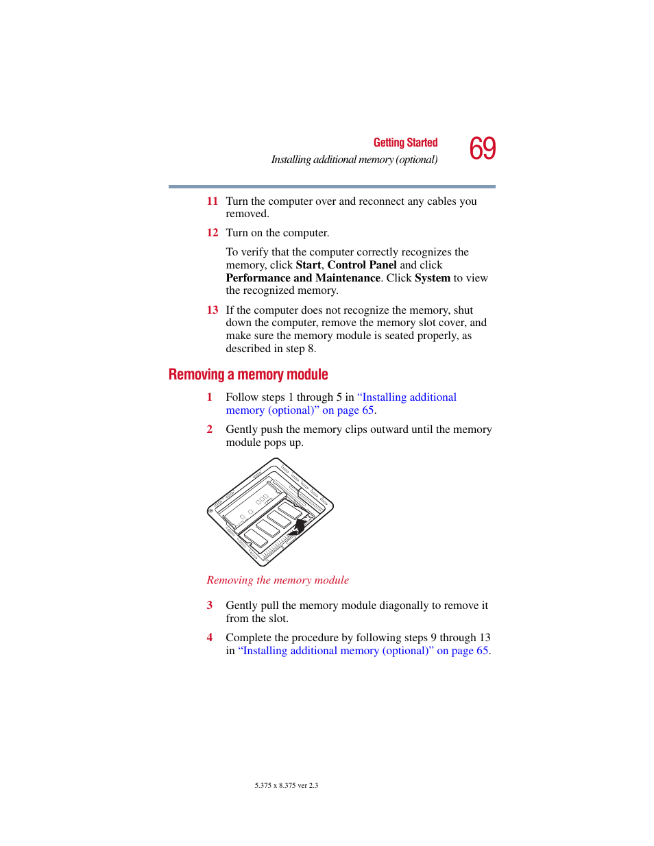 Removing a memory module | Toshiba SATELLITE A10 User Manual | Page 69 / 262