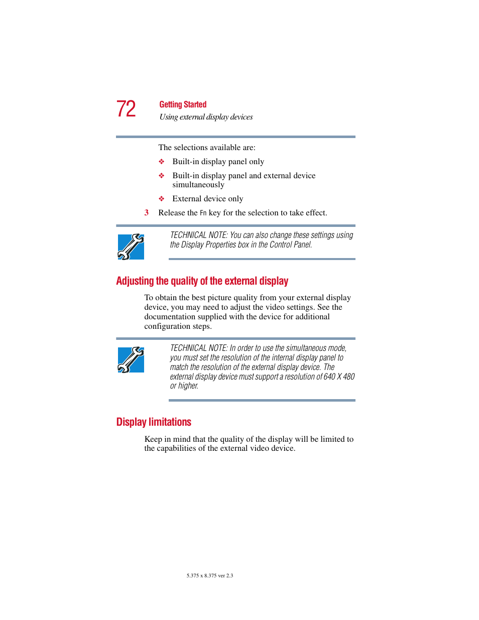Adjusting the quality of the external display, Display limitations | Toshiba SATELLITE A10 User Manual | Page 72 / 262