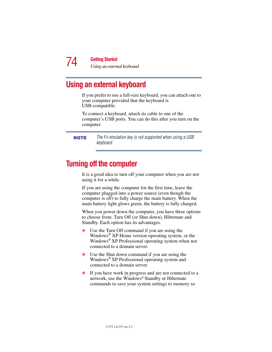 Using an external keyboard, Turning off the computer, Using an external | Toshiba SATELLITE A10 User Manual | Page 74 / 262