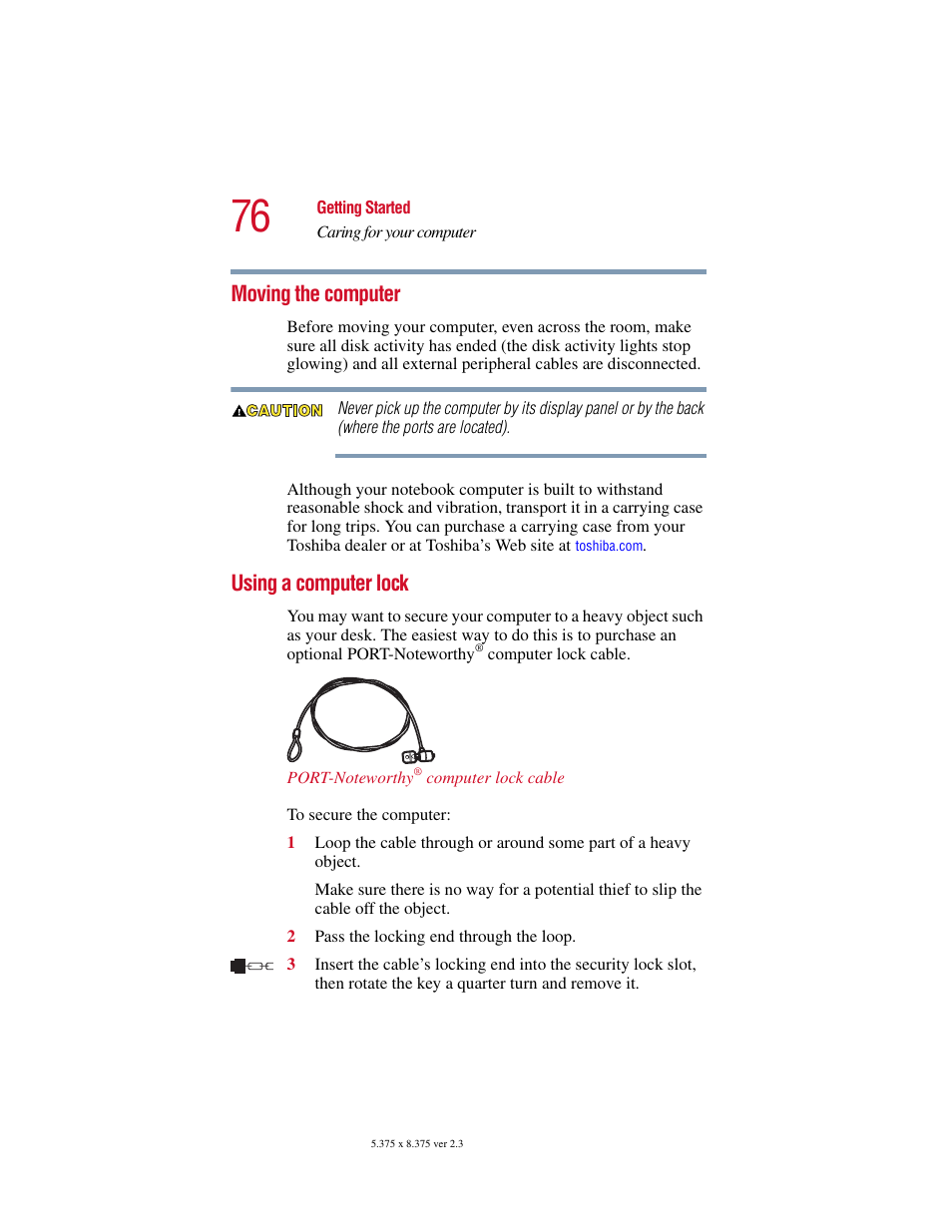 Moving the computer, Using a computer lock, Moving the computer using a computer lock | Toshiba SATELLITE A10 User Manual | Page 76 / 262