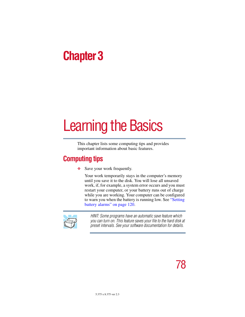 Chapter 3: learning the basics, Computing tips, Learning the basics | Chapter 3 | Toshiba SATELLITE A10 User Manual | Page 78 / 262